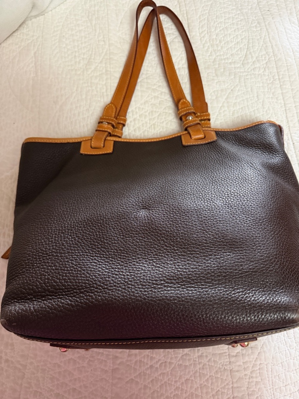 Dooney & Bourke Dark Brown Leather Tote with Tan Trim - Picture 4 of 5